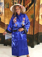 Ebony MILF from AllOver30 plays asian dress up for the camera