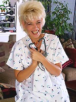Mature blonde nurse slide out of her uniform and smiles