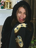 Furry bushed and mature Shelby playing little red riding hood