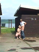 They find a place in the grass and he does her sexy mature pussy with his slick hard young cock