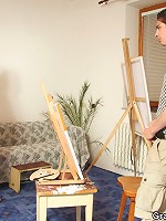 The mature threesome shows the redhead bent over getting dick from both directions