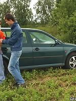 Two cumshots land on the slut after she does a mature threesome outdoors with the boys