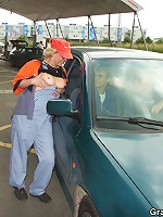 Two dudes fuck a naughty granny outdoors and she takes all the cock she can get