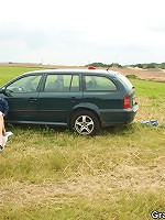 Two dudes fuck a naughty granny outdoors and she takes all the cock she can get