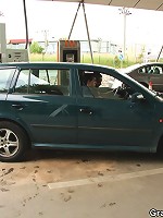 Granny shows her tits then gets in the car for a ride to the country where they double team her