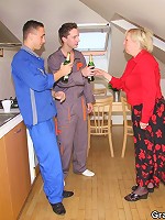 Granny slut on her hands and knees with a dick in her mouth and her old pussy