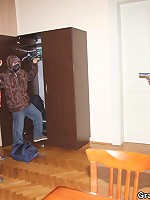 The tough old slut forces the burglars to fuck her from both ends and she takes it all